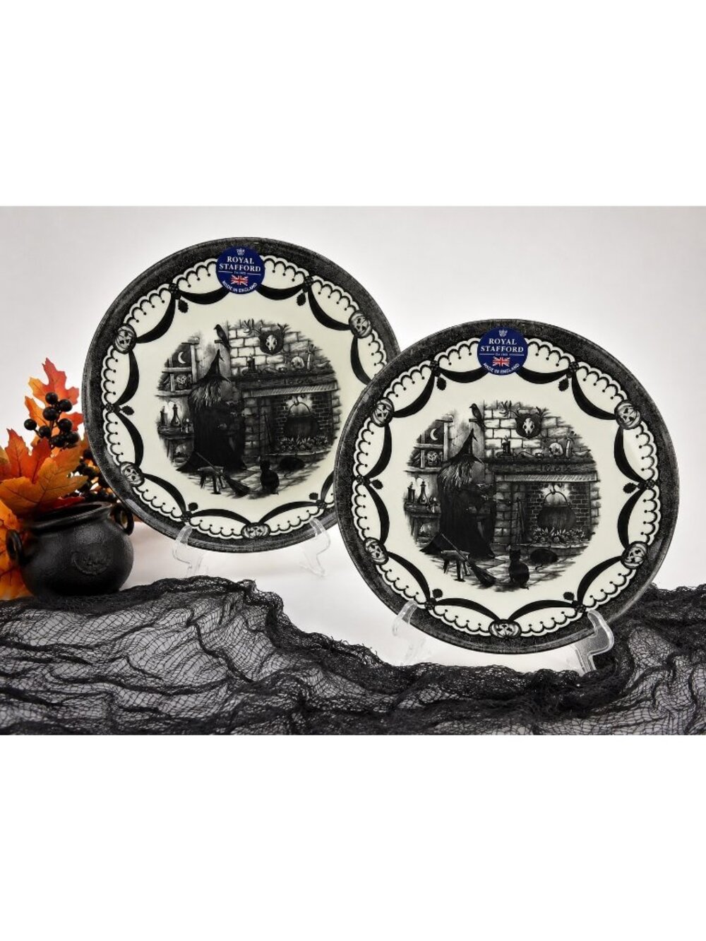 Royal Stafford Halloween Witch Cauldron Black White Bowls Set Of 2 England 8"